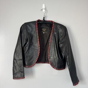 Women’s Cropped Black With Red Stitch Italian Leather Bolero Jacket Sz M